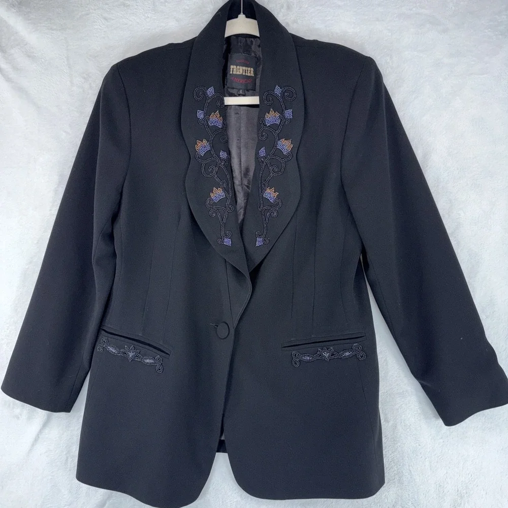 Vtg North American Frontier Black Beaded Western Cowgirl Blazer Sz L